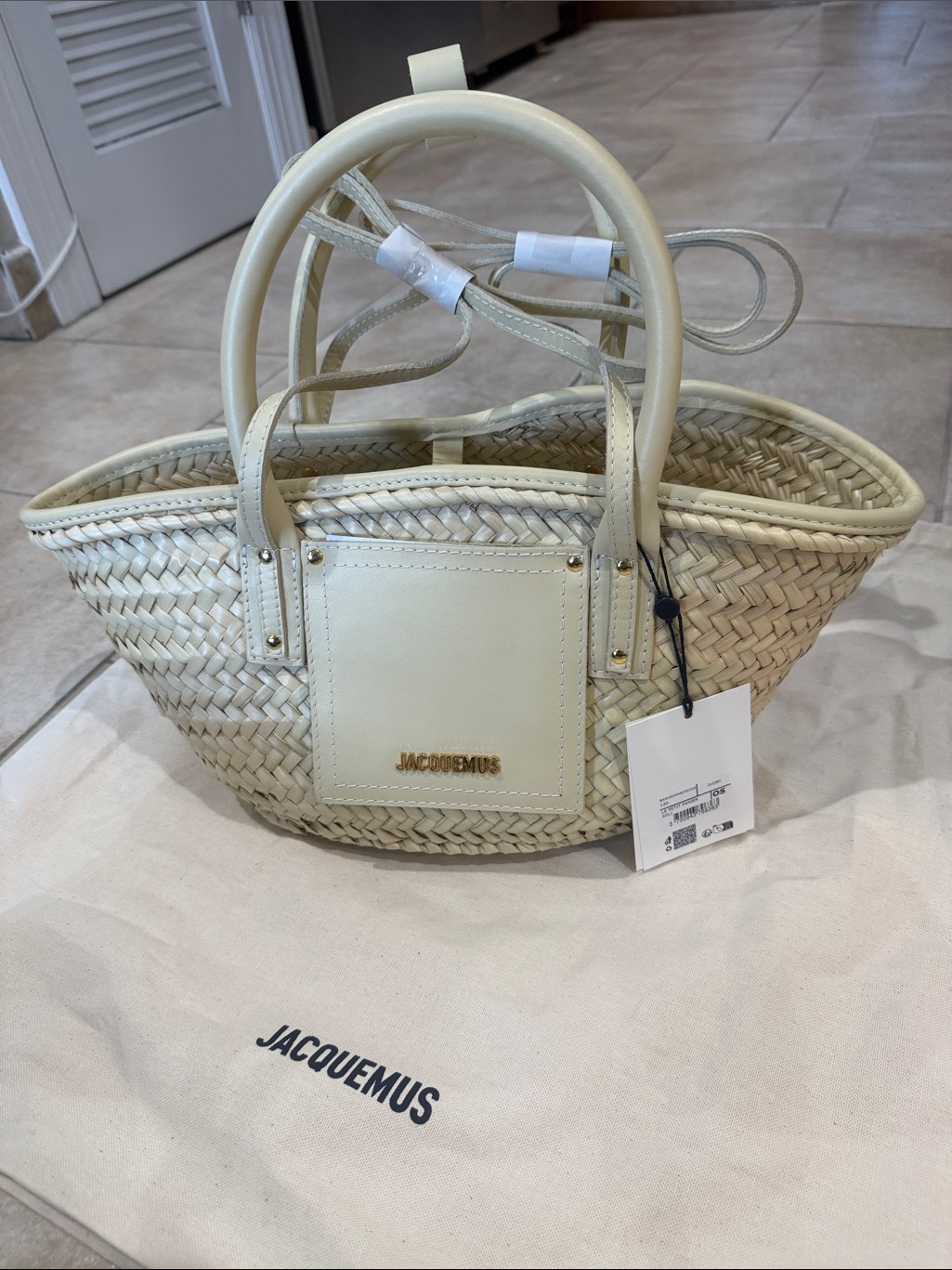 Jacquemus Cream Straw Woven Tote With Leather Trim